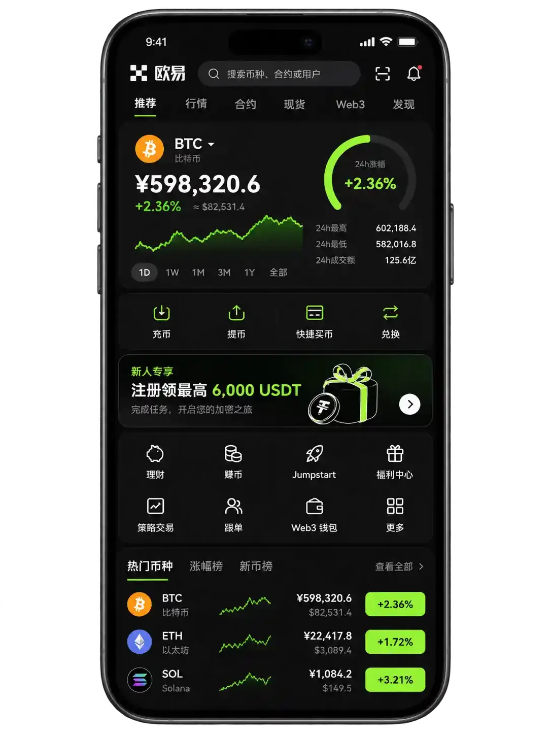欧易 OKX App 首页与行情功能界面